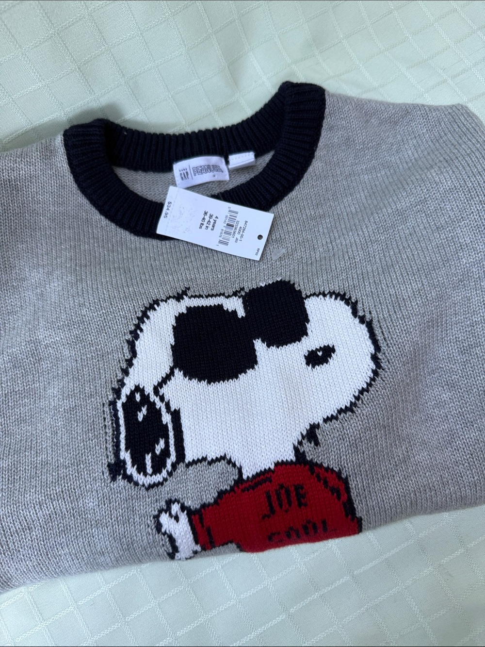 New GAP Gray Crewneck Cotton Sweater with Snoopy 'Joe Cool' and Navy Stripes